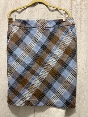 L.L. Bean Diagonal Plaid Pencil Skirt in Light Blue and Brown wool 12 nwt